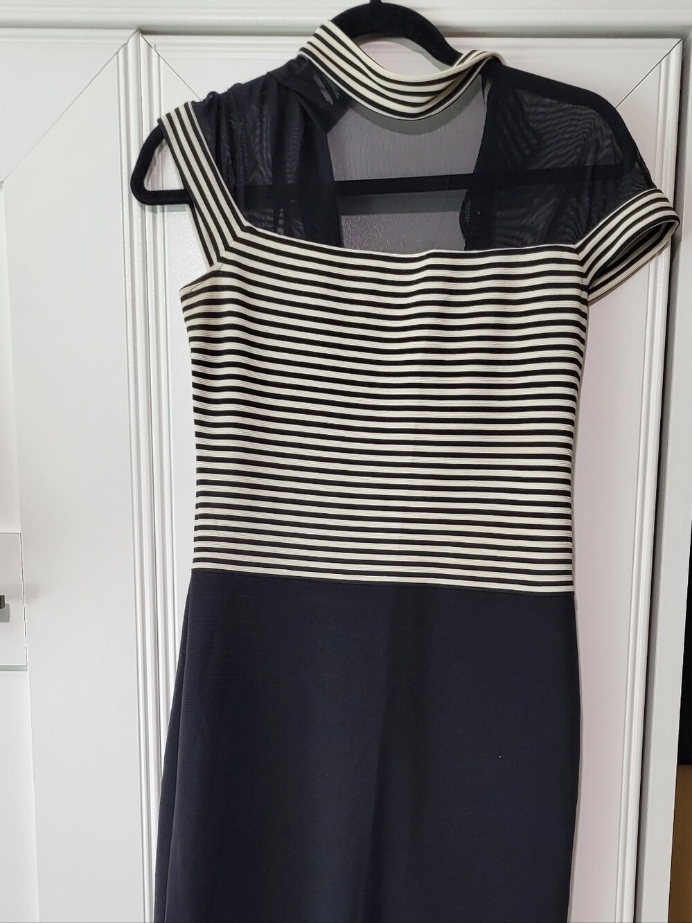 Elegant Black and White Striped Form Fitting Dress with Sheer Yoke